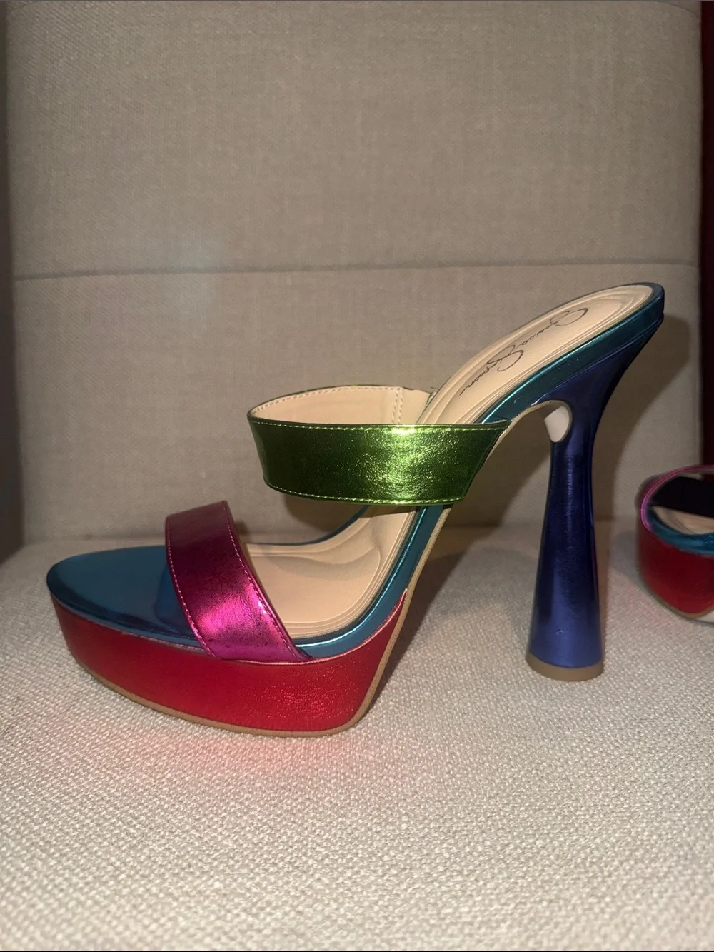 Jessica Simpson Metallic Multi-Color Platform Heels - Pink, Blue, Green